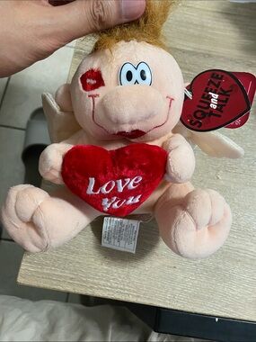 Vintage Cupid Plush with Red Heart and Red Kiss Mark